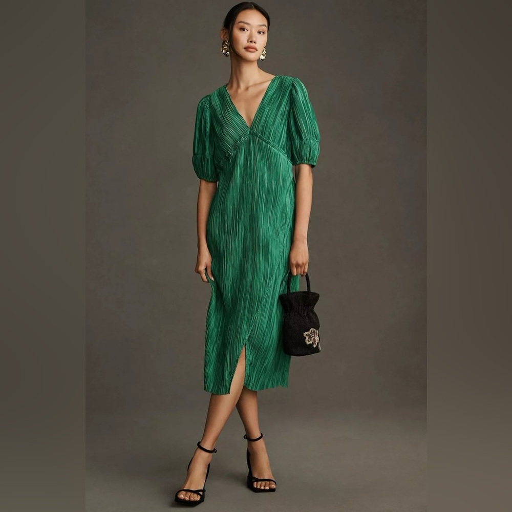 Anthropologie Green Midi Dress with Puff Sleeves